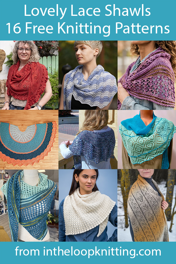 Knitting patterns for shawls knit with lace, including easy as well as challenging patterns. Even includes a 6 hour shawl! Many of the patterns are free.