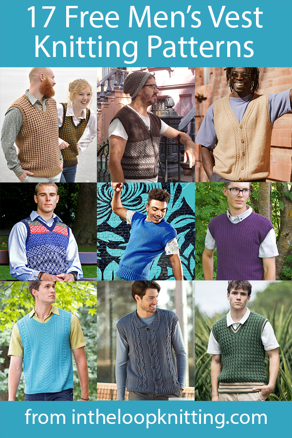 Free knitting patterns for pullover and cardigan vests for men. Many of the patterns are free