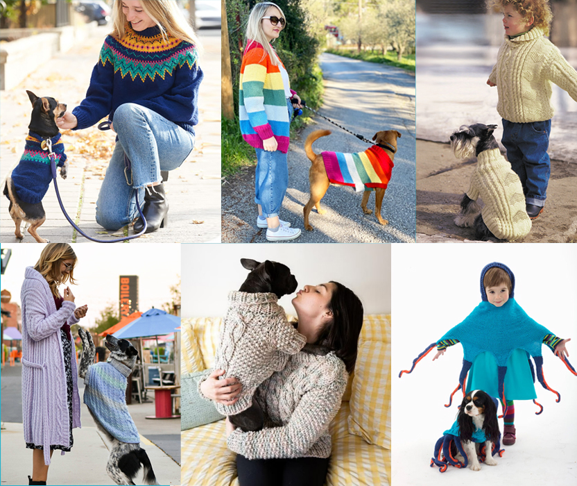 Free knitting patterns for dog coats with matching outfits for human companions.