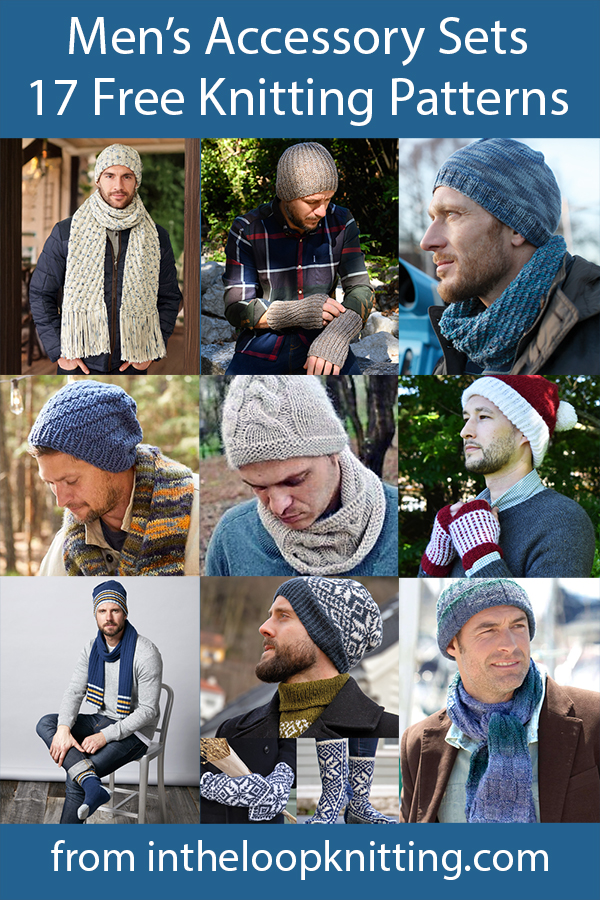 Knitting patterns for matching accessories of hats, scarves, mittens, and socks designed for men. Many of the patterns are free.