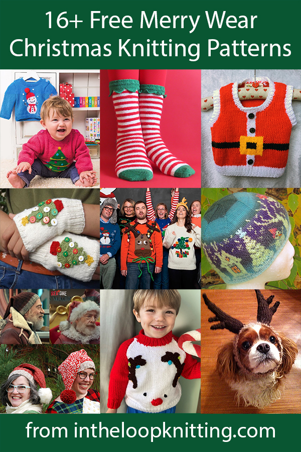 Free knitting patterns for Christmas sweaters, hats, socks, and more for Christmas holidays.