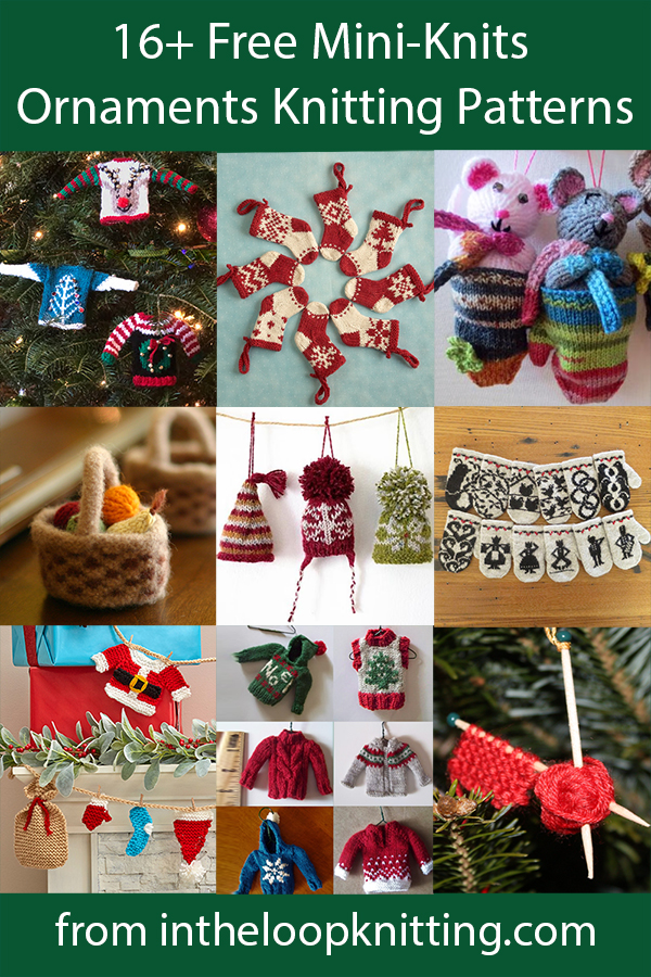 Knitting patterns for mini sweaters, stockings, hats, and other knitting themed projects for Christmas tree ornaments. Many of the patterns are free