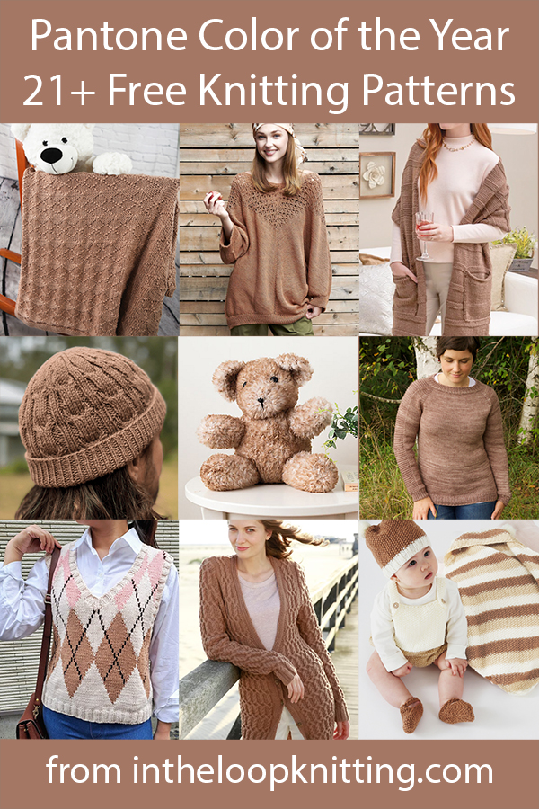 Free knitting patterns in colors similar to the Pantone Color of the Year for 2025 Mocha Mousse including sweaters, scarves, shawls, hats, blankets, and more.