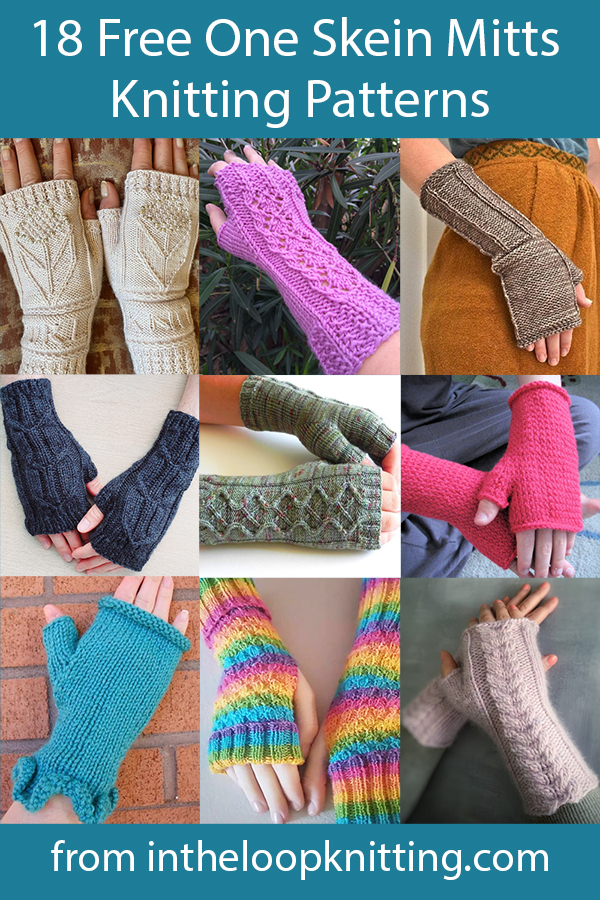 Free knitting patterns for fingerless mitts and gloves that use just one ball of yarn.