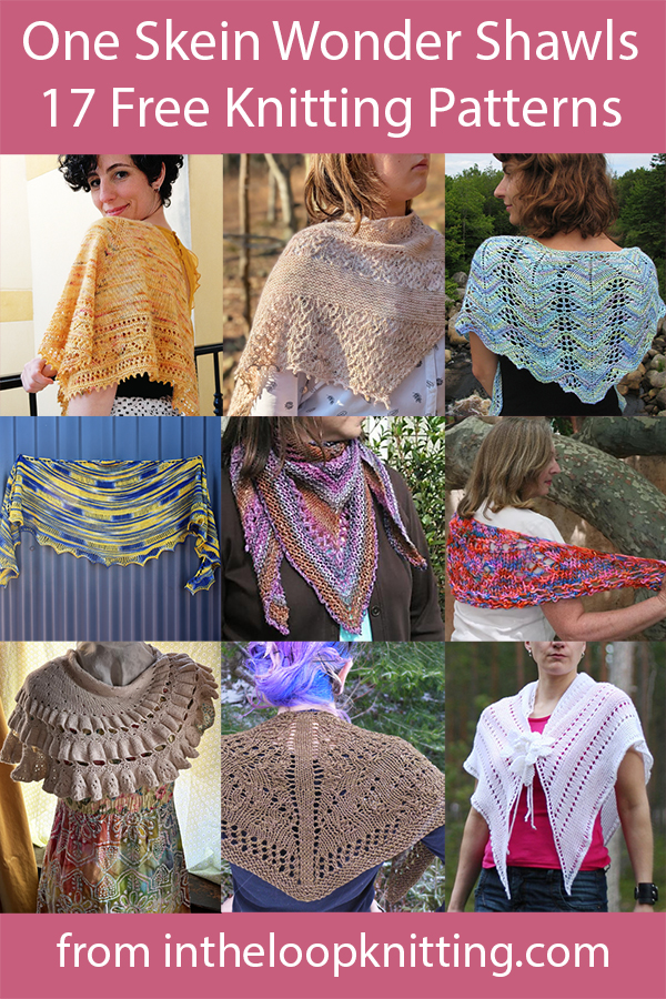 Knitting patterns for shawls knit with one ball of yarn. Many of the patterns are free.
