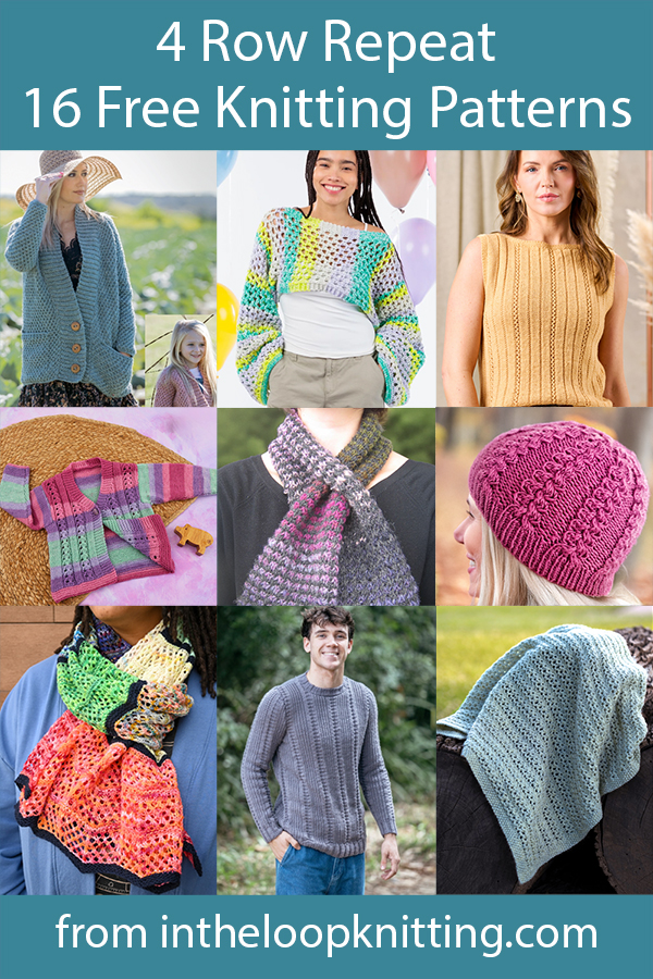 Knitting patterns for sweaters, cardigans, scarves, hats, and more knit with an 4 row repeat. Many of the patterns are free. 