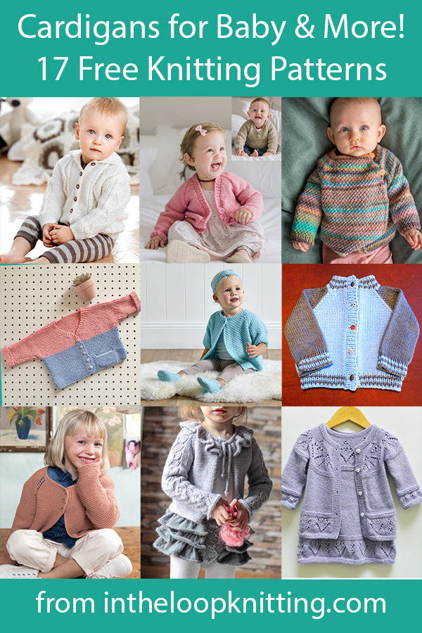 Knitting patterns for baby cardigan sweaters, many including toddler and child sizes. Most patterns are free.