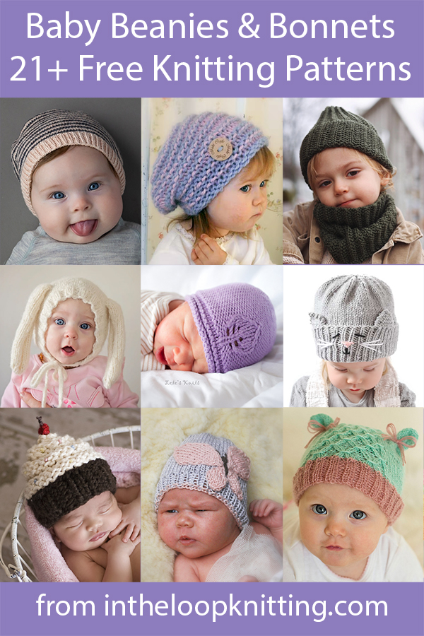 Knitting patterns for baby hats including beanies, bonnets, baby photo hats, and more. Many of the patterns are free.