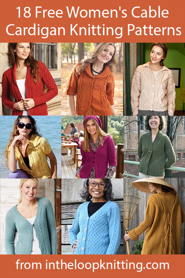 Free knitting patterns for women's cardigan and jackets knit with cables. 