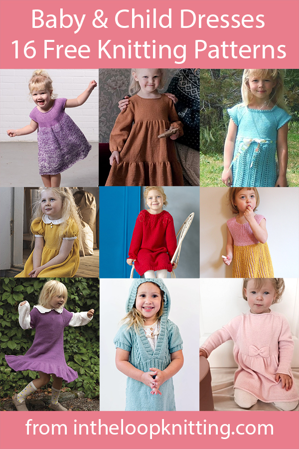 Free knitting patterns for dresses in baby and child sizes.