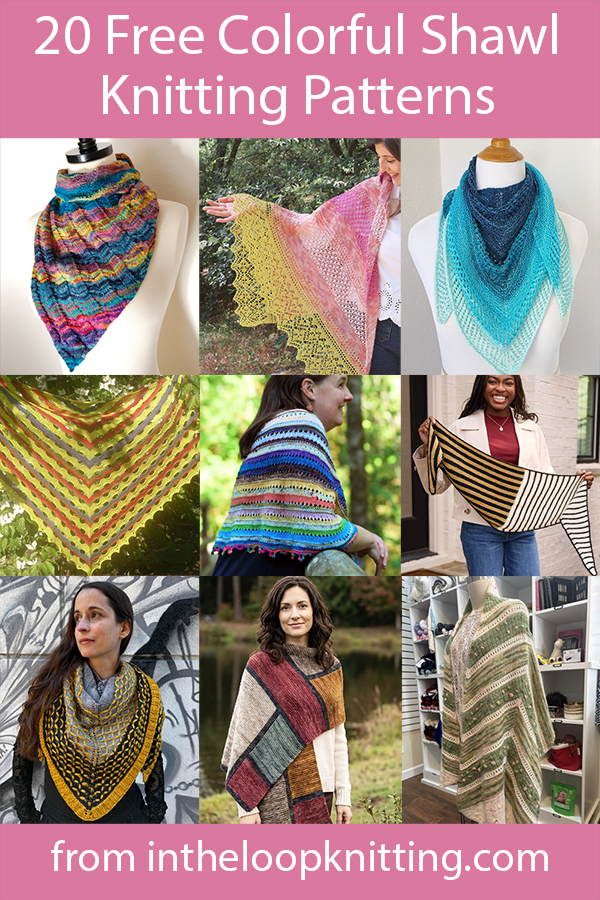 Knitting patterns for shawls knit with colorful designs. Many of the patterns are free.