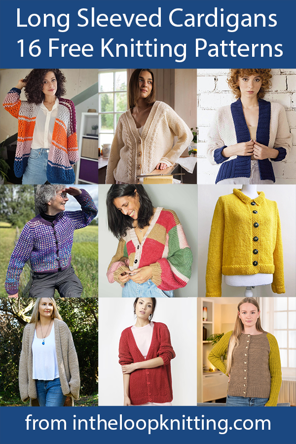 Knitting patterns for cardigan sweaters with long-sleeves.  Many of the patterns are free.