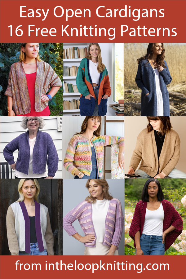 Free knitting patterns for easy cardigan sweaters with open fronts.  Many of the patterns are free.