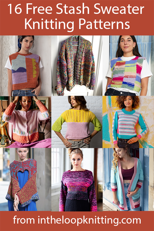 Free knitting patterns for pullovers, cardigan, ponchos, and other sweaters with a patchwork design. Most patterns are free.