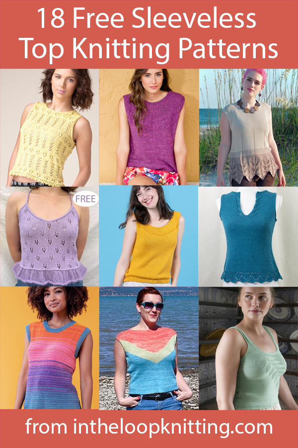 Free knitting patterns for tanks, strappy tops, shells, and other sleeveless tops. Many of the patterns are free.
