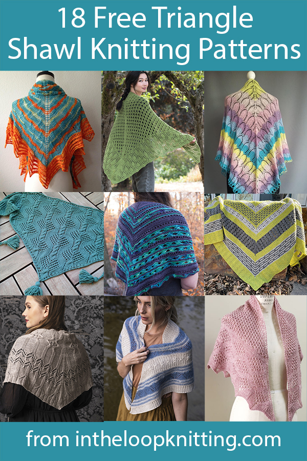 Free knitting patterns for triangular shaped shawls and wraps.