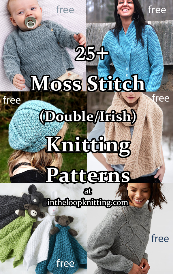 Moss Stitch Free Knitting Patterns for baby clothes, sweaters, hats, and more knit with Irish Moss, US Moss, or double moss stitch. Most patterns are free.