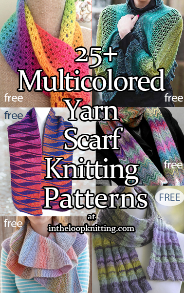 Knitting patterns for scarves knit with self-striping, variegated, gradient and other color change yarn.  Many of the patterns are free.