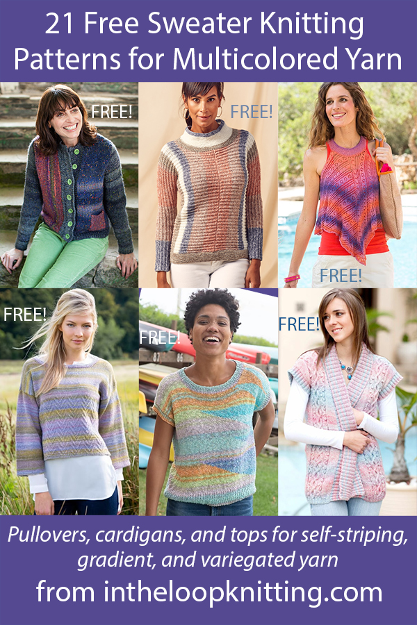 Free knitting patterns for pullover sweaters, cardigans, and tops using gradient, varigated, self-striping, and other multi-colored yarn. Most patterns are free.