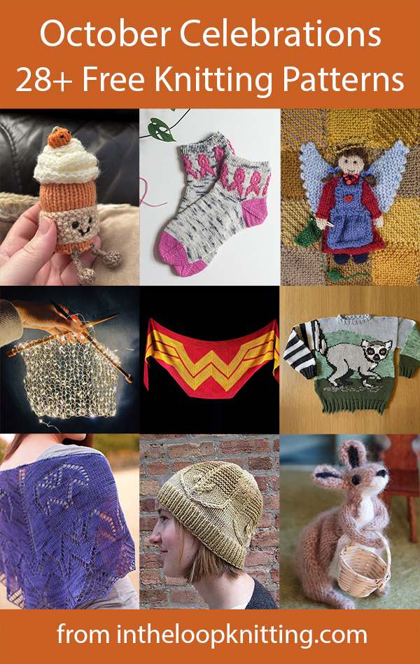 Knitting patterns for Halloween, Pumpkin Day, Black Cat Day, World Kangaroo Day, Winnie the Pooh 100th Anniversary, World Octopus Day, National Handbag Day, I Love Yarn Day, and other October celebrations.