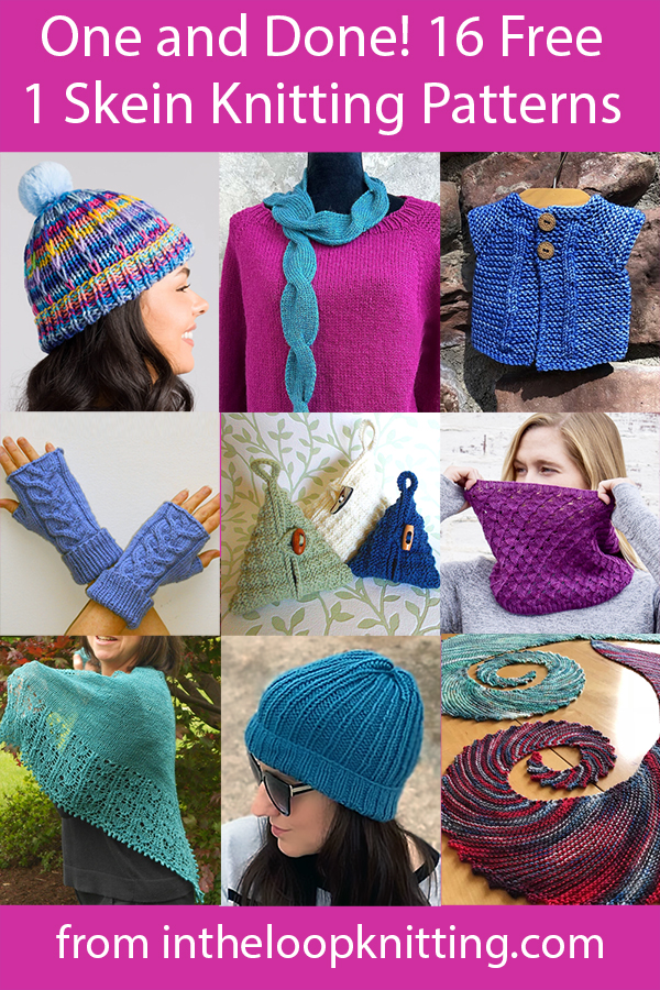 Free knitting patterns for shawls, baby clothes, hats, mittens, and more that use only one skein or ball of the recommended yarn. Most patterns are free.