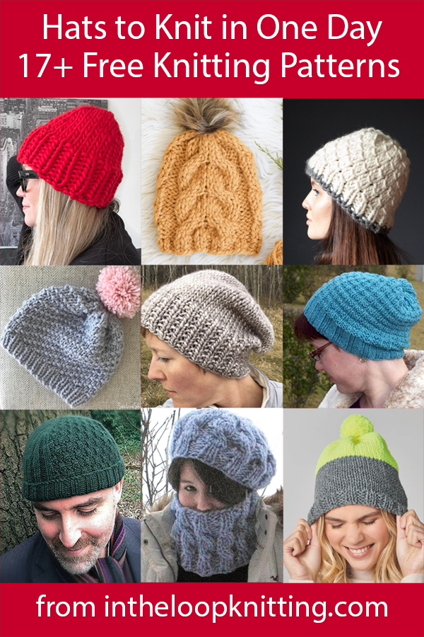 Knitting patterns for hats that knit up in few hours or less.