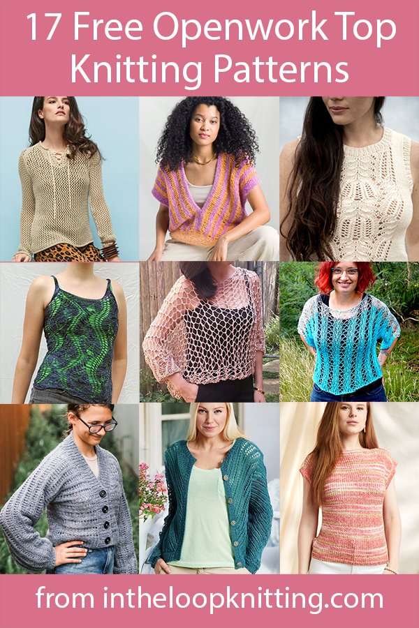 Free knitting patterns for pullovers, tees, and other sweaters with mesh and other openwork stitches..