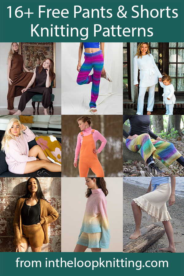 Free knitting patterns for women's pants, shorts, bloomers, and more.
