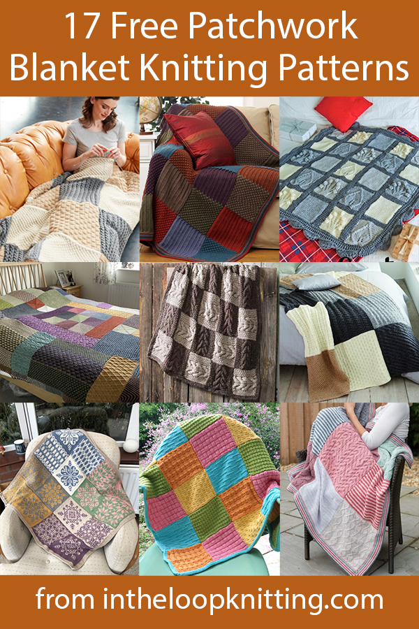 Free knitting patterns for baby blankets and throw blankets knit with patchwork blocks.