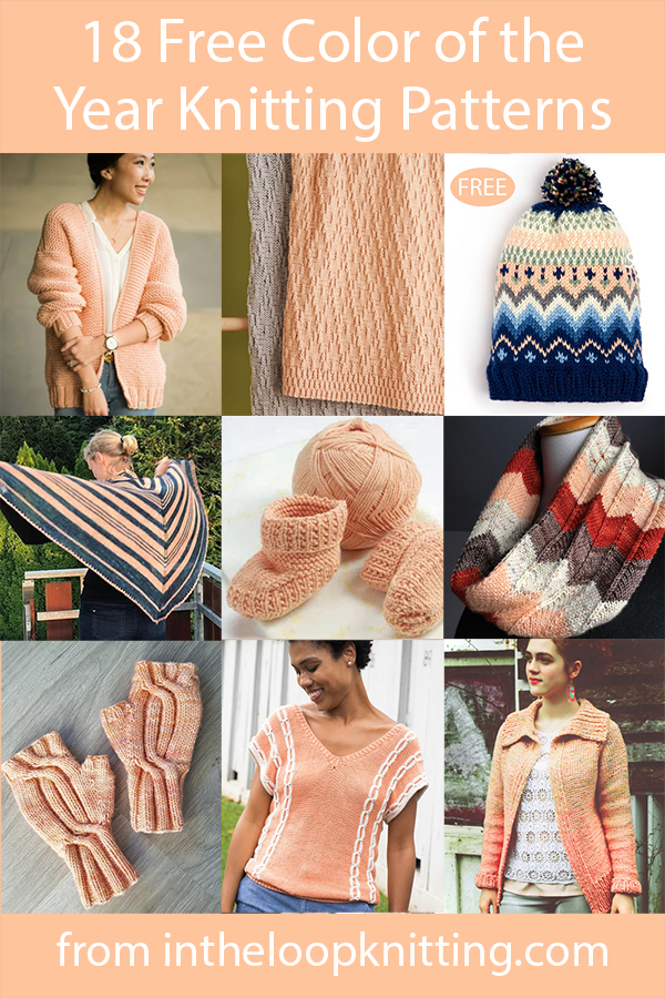 Free knitting patterns for sweaters, shawls, hats, blankets, and more using peach orange shades similar to peach fuzz. 