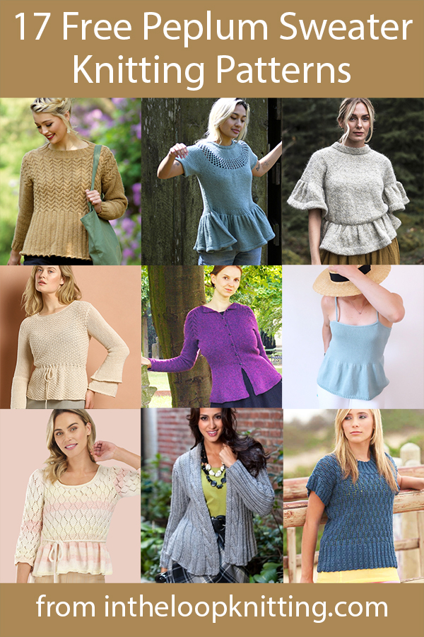 Free knitting patterns for sweaters and cardigans with skirted peplums. Many of the patterns are free.
