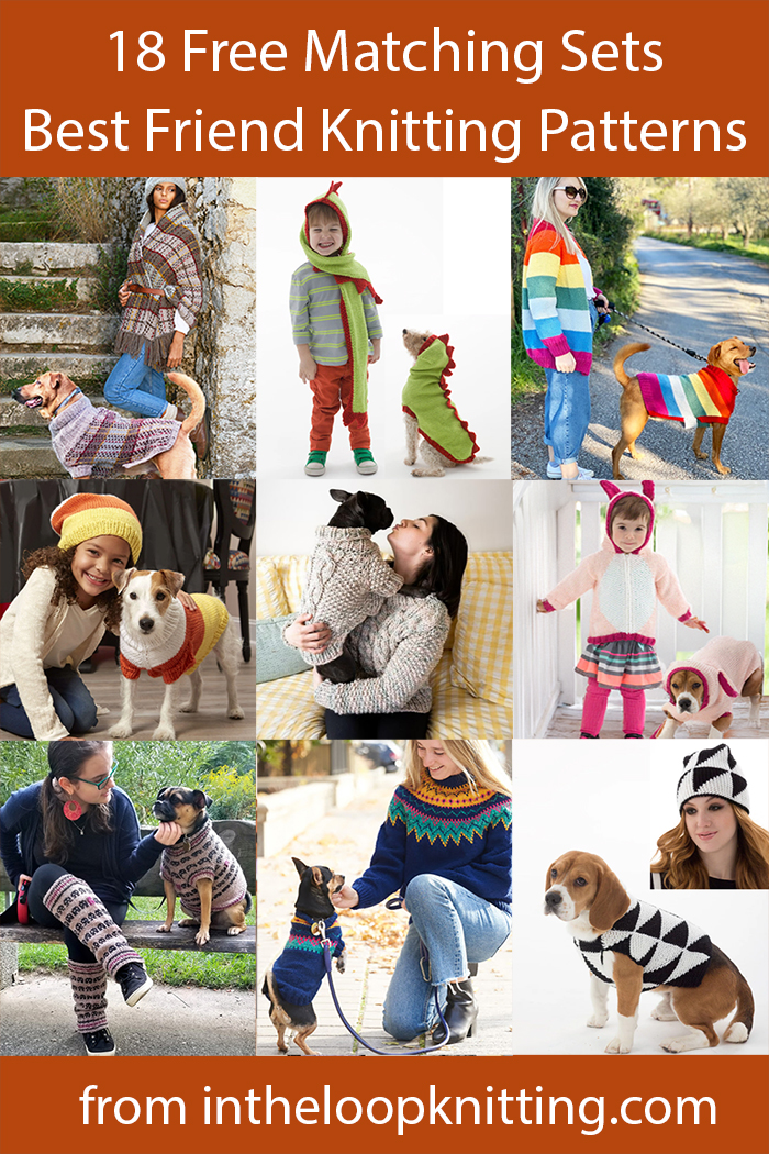 Free knitting patterns for dog coats with matching outfits for human companions.