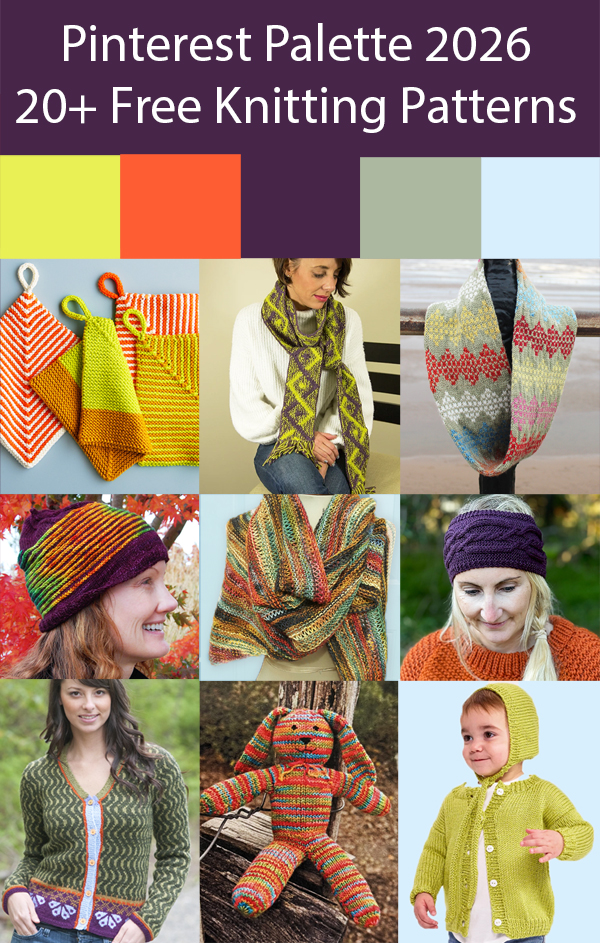 Knit cardigans, scarves, hats, and more knitting projects in 2026 Pinterest trending colors of Wasabi, Jade, Persimmon, Plum Noir, and Cool Blue. Most are free.