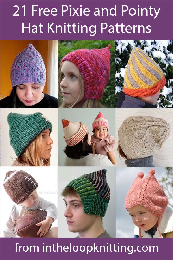 Free knitting patterns for pixie hats and other hats with pointed crowns. Most patterns are free.