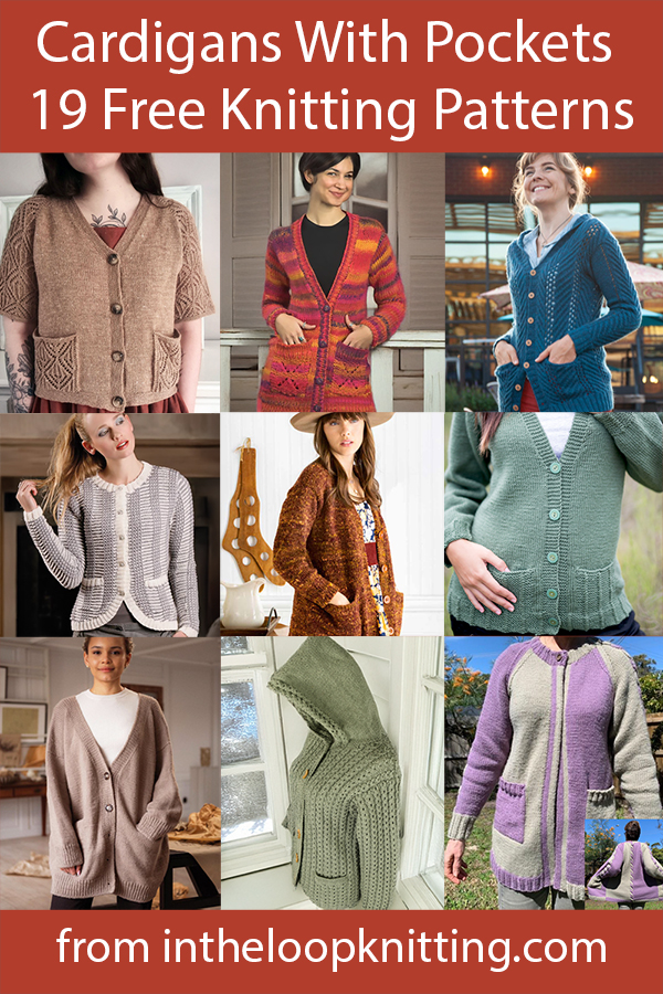 Free knitting patterns for cardigan sweaters with pockets.