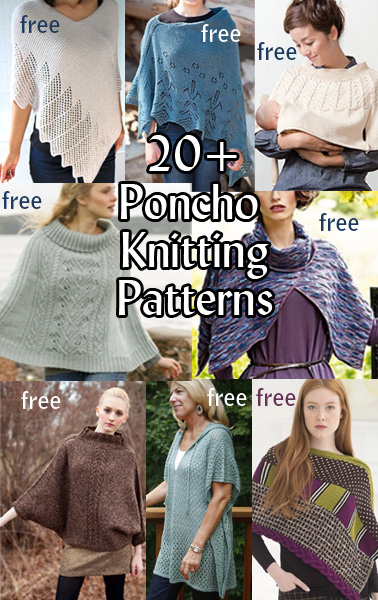 Poncho Knitting Patterns.  Ponchos are a fun way to knit outerwear without sleeves, although some of these clever patterns have mock sleeves. The modern looks below are contemporary fashion at its best and most comfortable!  Most patterns are free.