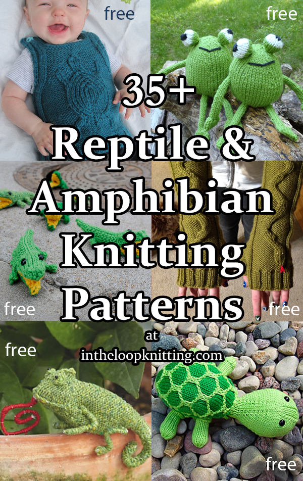 Reptile and Amphibian Knitting patterns for toys and other projects featuring cute turtles, frogs, snakes, lizards, and other members of the reptile and amphibian animal class. Most patterns are free.
