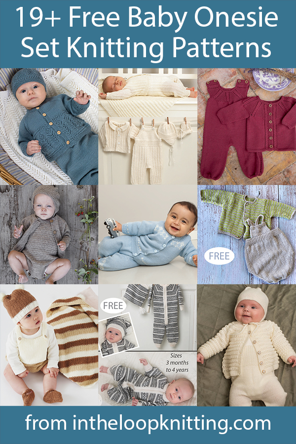Free knitting patterns for baby rompers and onesies with matching cardigans, hats, and more.