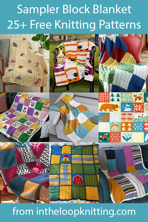 Knitting patterns for baby blankets and throw blankets knit with blocks in different textures and designs.