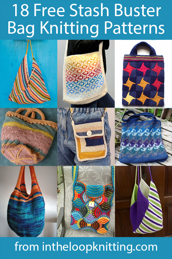 Free knitting Patterns for tote bags, purses, shoulder bags, clutches, and more designed to use up scrap or leftover yarn.