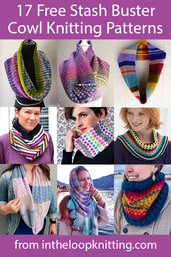 Free knitting patterns for cowls designed to use up leftover and scrap yarn. Most patterns are free.