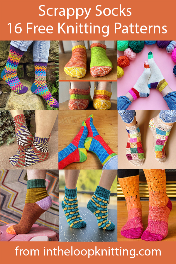 Knit socks designed to use up leftover, stash, and scrap yarn. Most patterns are free.
