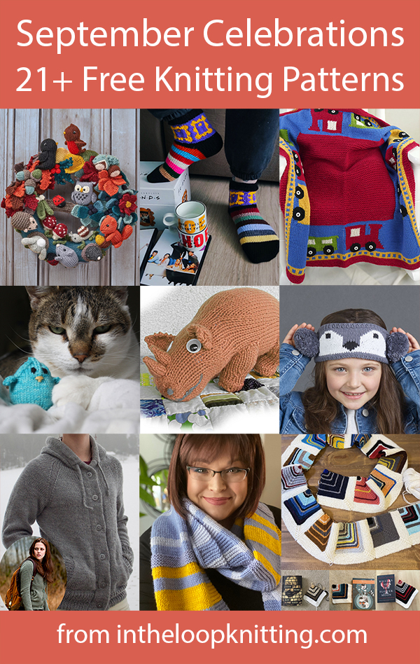 Free knitting patterns for Star Trek Day, Talk Like a Pirate Day, Bear Necessities Month, Classical Music Month, Whole Grains Month, Piano Month, Mushroom Month, Sewing Month, Happy Cat Month, and other September celebrations.