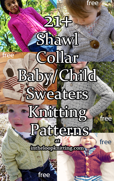 Knitting patterns for baby cardigans and purllover sweaters with cute shawl collars. Most patterns are free.