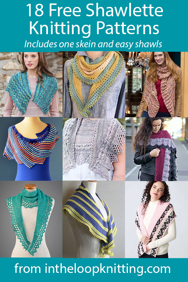 Free shawlette knitting patterns for small shawls and shoulder scarves, including many knit with one skein of yarn. Most patterns are free.