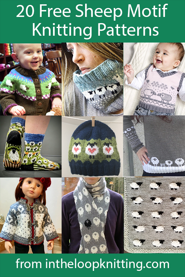 Free knitting patterns for sweaters, blankets, hats, and more with sheep designs.