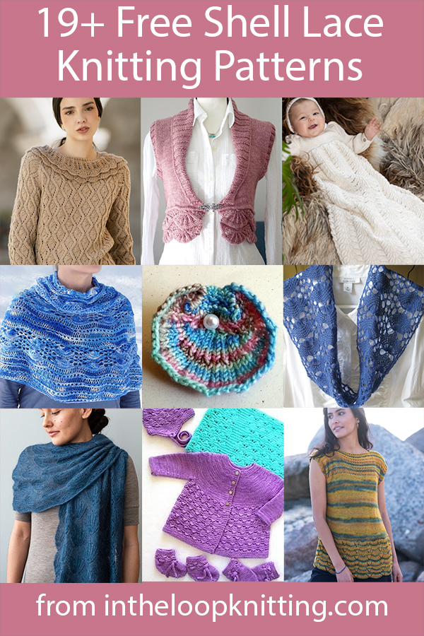 Free knitting patterns for shawls, sweaters, scarves, and hats and other projects knit with a varieties of shell lace. Many of the patterns are free.