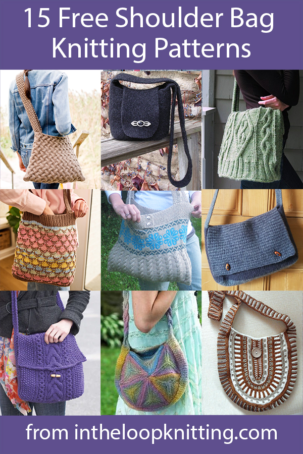 Free knitting Patterns for messenger bags, cross body bags, satchels, and other purses with shoulder straps.