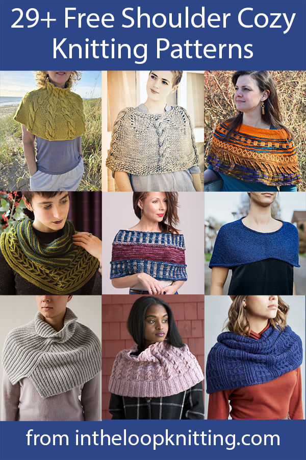 Knitting Patterns in for Shoulder Cozy Cowls. These shoulder cozies can drape over the shoulders for more warmth than smaller cowls but are lighter and more manageable than full ponchos. Many can convert easily from a shoulder wrap to a neck cowl by simply pulling up and off the shoulders. Most patterns are free.