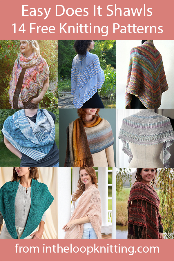 Free knitting patterns for easy shawls including many suitable for beginners. Triangular, crescent, and rectangular shawls featuring easy textures and color. Includes stash busters. Most patterns are free.
